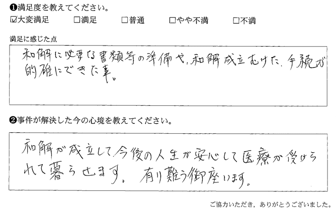 書類等の準備や、和解成立むけた、手続きが的確にできた事